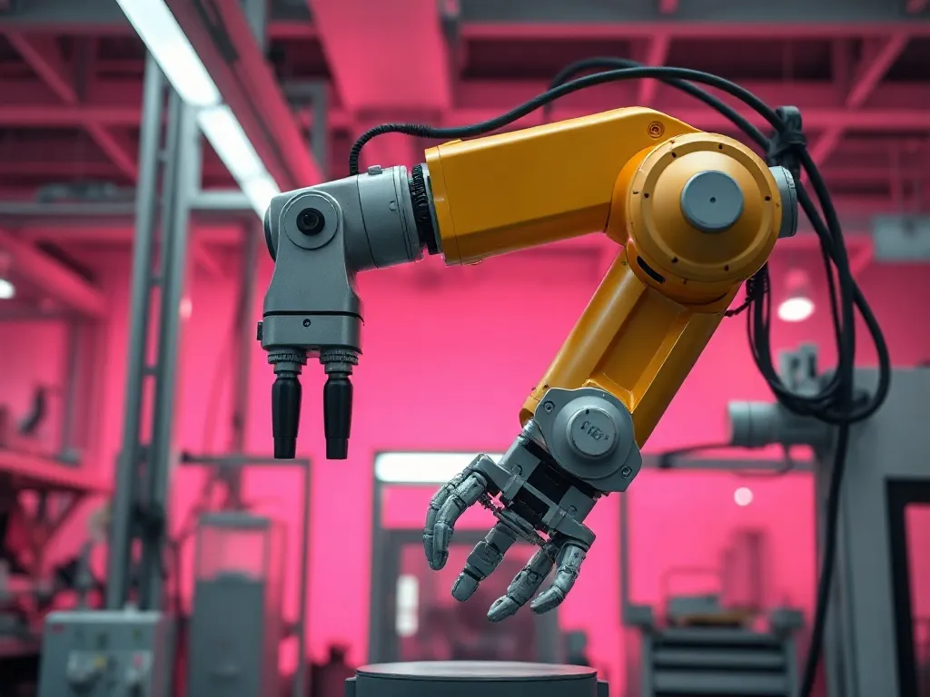 A professional industrial robotic arm in a clean factory set