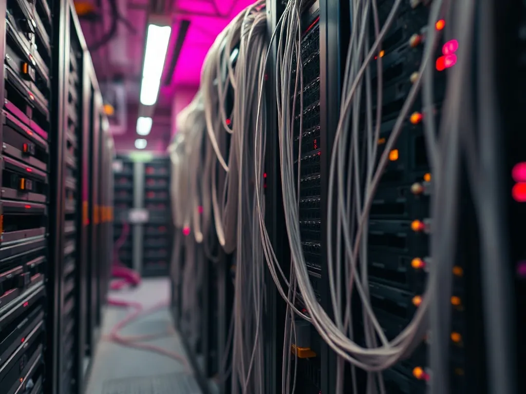A detailed technical high-angle shot of complex server hardw