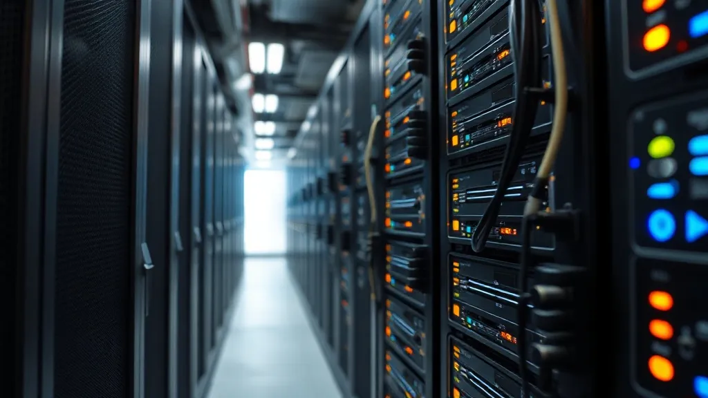Close-up of a high-end server rack with glowing LED indicato